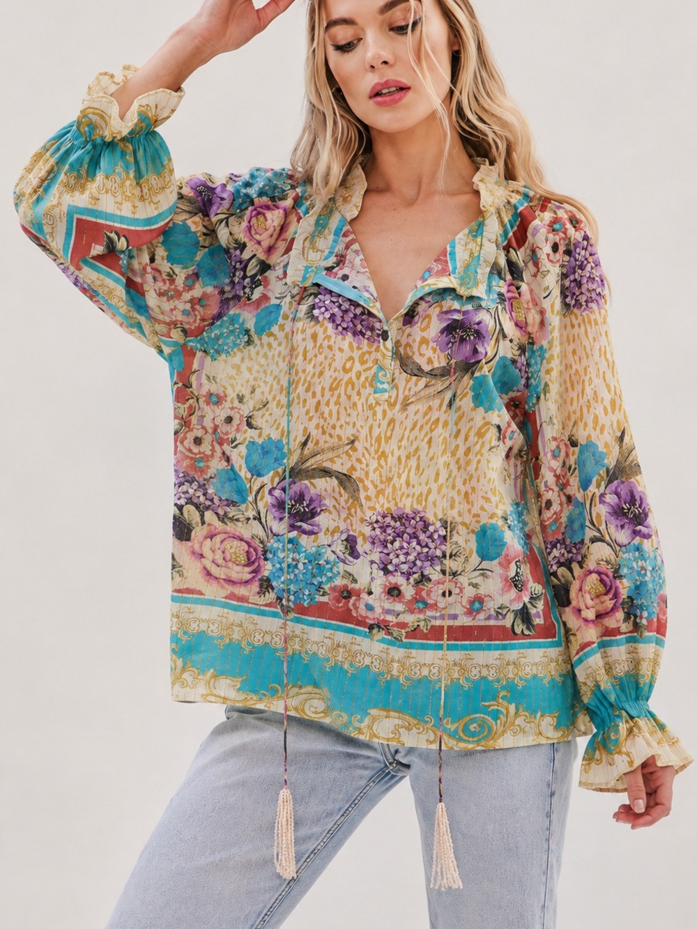 Aratta Artisan Leopard Floral Print Blouse Puff Sleeve Beaded Tassel Boho M